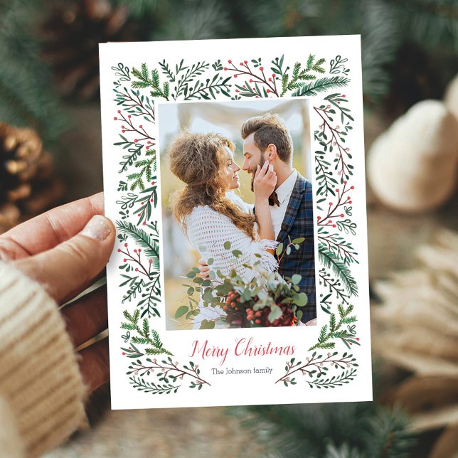 Elegant Christmas red Green Pine Tree wreath Photo Holiday Card (Elegant Christmas red Green Pine Tree wreath Photo Holiday Card)