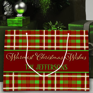 Elegant Christmas Red Green tartan plaid gold text Large Gift Bag