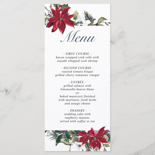 Elegant Christmas Red Poinsettia Wedding Dinner Me Menu (Front)