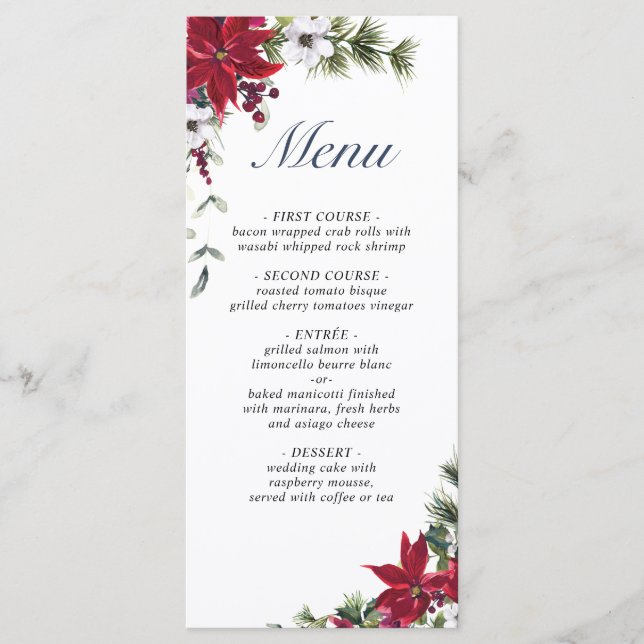 Elegant Christmas Red Poinsettia Wedding Dinner Menu (Front)