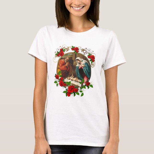 Elegant Christmas Red Roses Nativity Holy Family T-Shirt (Front)