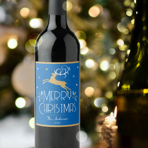 Elegant Christmas Reindeer Festive Blue Gold Wine Label