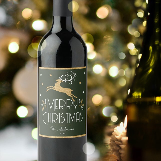 Elegant Christmas Reindeer Festive Dark Green Gold Wine Label (Creator Uploaded)
