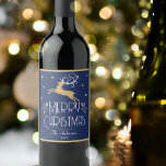 Elegant Christmas Reindeer Festive Midnight Blue Wine Label<br><div class="desc">Create your own Art Deco style wine label for Christmas. An elegant template featuring a leaping reindeer, stars and decorative leaves. This editable template can be personalised with both your name and celebration year. Perfect for holiday gifts, party favours and more! Colours: deep midnight blue, white and a gold coloured...</div>