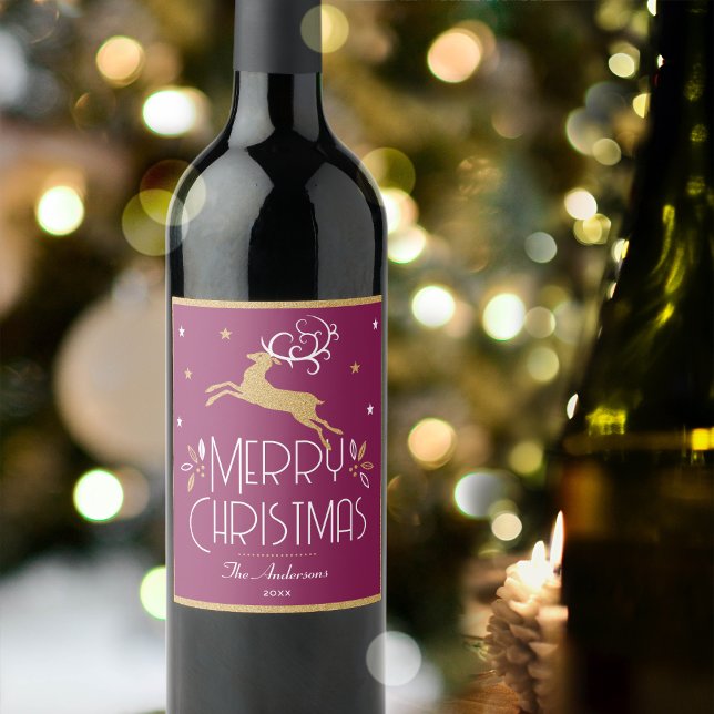 Elegant Christmas Reindeer Festive Plum Gold Wine Label (Creator Uploaded)