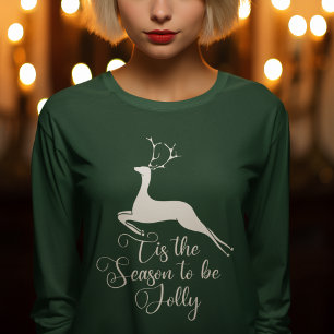 Elegant Christmas Reindeer Green Long Sleeve T-Shirt