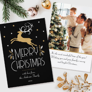 Elegant Christmas Reindeer Photo Black Gold Flat Card