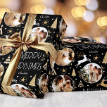 Elegant Christmas Reindeer Photo Black White Gold Wrapping Paper<br><div class="desc">Make your Christmas gifts extra special with this elegant Art Deco style wrapping paper. You can personalise it with a name and three photos of your family, friends or pets! This seamless pattern features leaping reindeer, festive trees and stars in a colour palette of black, white and faux gold. Custom...</div>
