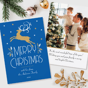 Elegant Christmas Reindeer Photo Blue Gold Flat Card