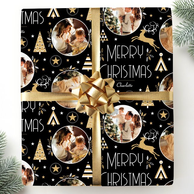 Elegant Christmas Reindeer Photo Collage Black Wrapping Paper (Creator Uploaded)
