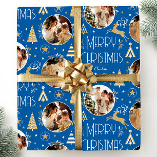 Elegant Christmas Reindeer Photo Collage Blue Gold Wrapping Paper