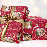Elegant Christmas Reindeer Photo Collage Deep Red Wrapping Paper<br><div class="desc">Make your Christmas gifts extra special with this elegant Art Deco style wrapping paper. You can personalise it with a name and three photos of your family, friends or pets. This seamless pattern features leaping reindeer, festive trees and stars in a colour palette of deep red, white and a gold...</div>