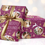Elegant Christmas Reindeer Photo Collage Plum Gold Wrapping Paper<br><div class="desc">Make your Christmas gifts extra special with this elegant Art Deco style wrapping paper. You can personalise it with a name and three photos of your family, friends or pets. This seamless pattern features leaping reindeer, festive trees and stars in a colour palette of purple-pink plum, white and a gold...</div>
