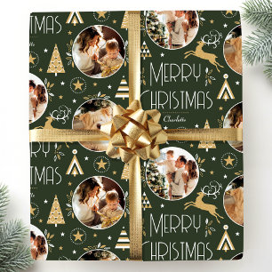 Elegant Christmas Reindeer Photo Dark Green Wrapping Paper