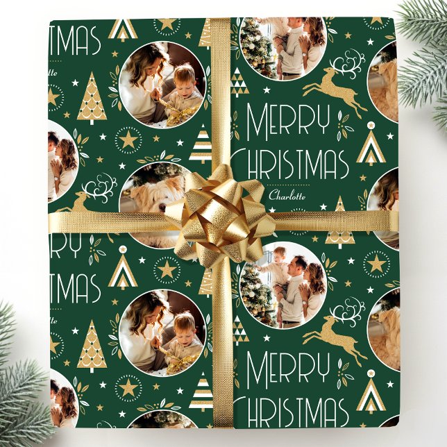 Elegant Christmas Reindeer Photo Forest Green Wrapping Paper (Creator Uploaded)