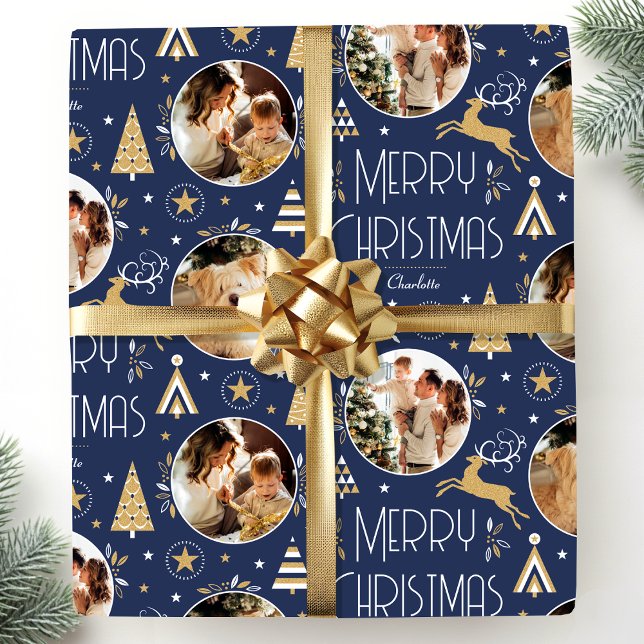 Elegant Christmas Reindeer Photo Midnight Blue Wrapping Paper (Creator Uploaded)