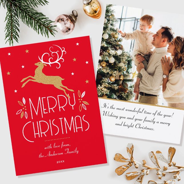 Elegant Christmas Reindeer Photo Red Gold Flat Card (Creator Uploaded)