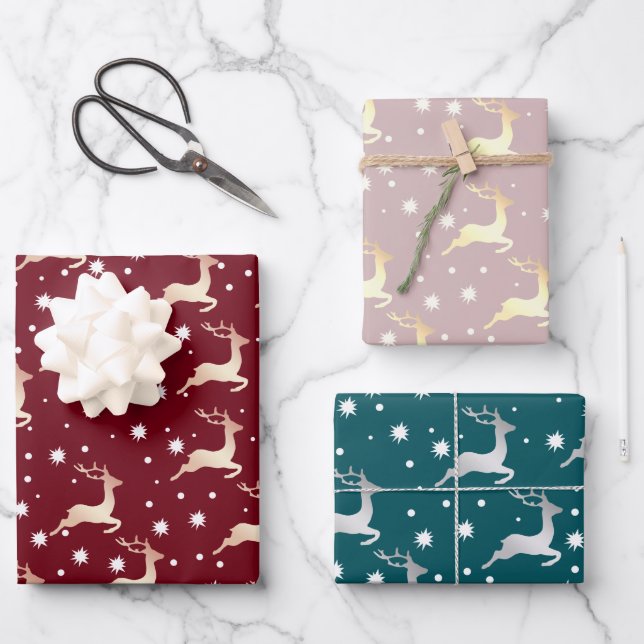 Elegant Christmas Reindeer Snowflake Pattern Wrapping Paper Sheet (Front)