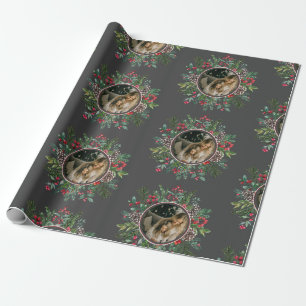 Elegant Christmas Round Frame with Photo Grey Wrapping Paper