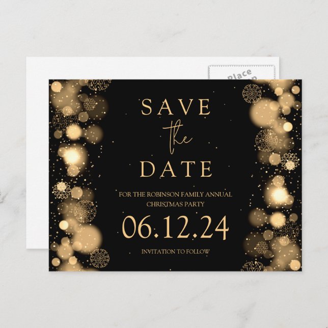 Elegant Christmas Save The Date Gold Winter Black Announcement Postcard (Front/Back)