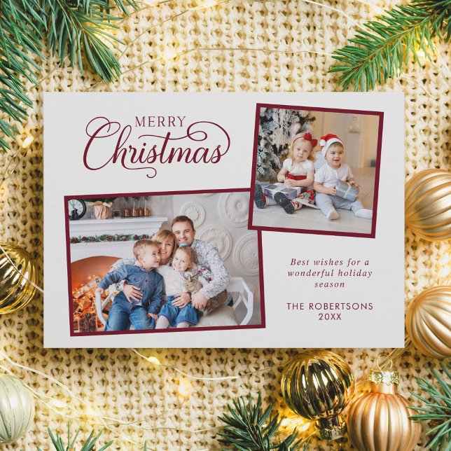 Elegant Christmas Script 2 Photo Burgundy Holiday Card (Creator Uploaded)