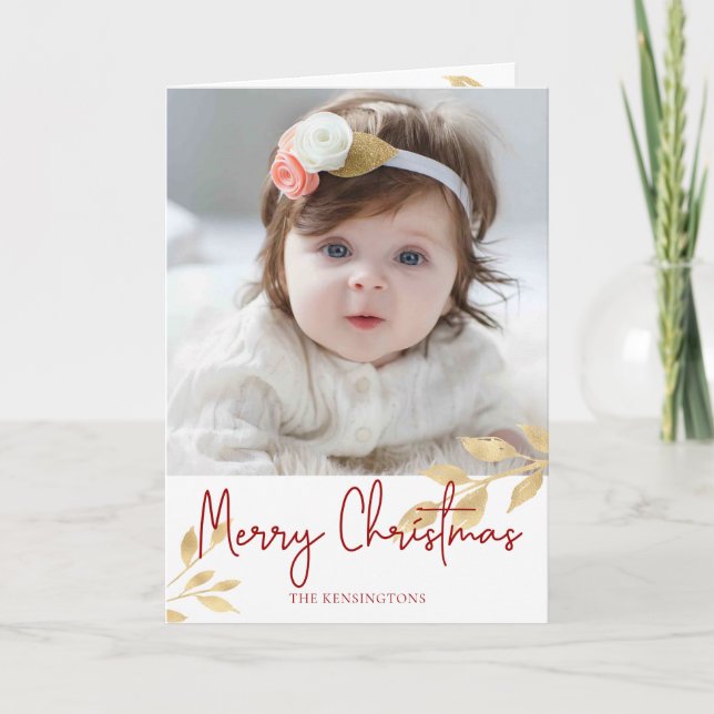 Elegant Christmas Script Gold Leaves Holiday Photo Card (Front)