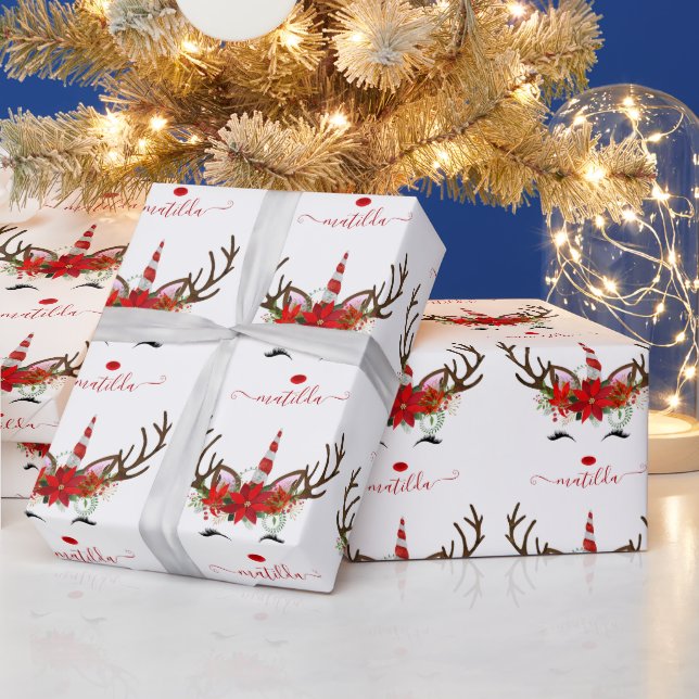 Elegant Christmas silver red glitter unicorn deer Wrapping Paper (Holidays)