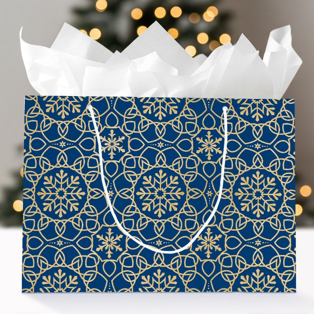 Elegant Christmas Snowflake Faux Gold Navy Large Gift Bag (Creator Uploaded)