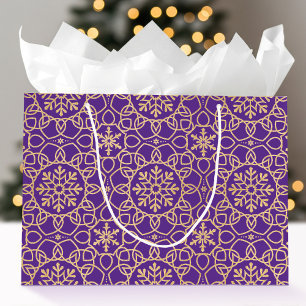 Elegant Christmas Snowflake Faux Gold Purple Large Gift Bag