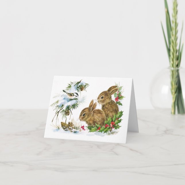 Elegant Christmas Snowy Bunny And Birds  Card (Front)
