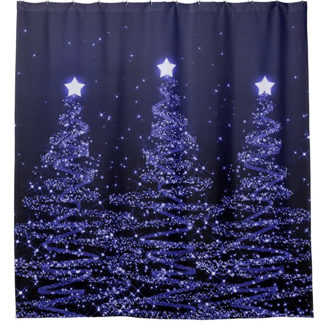 Elegant Christmas Sparkling Trees Navy Blue Shower Curtain (Front)