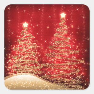 Elegant Christmas Sparkling Trees Red Square Sticker