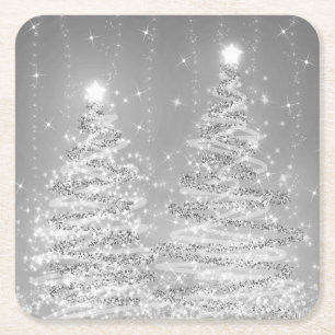 Elegant Christmas Sparkling Trees Silver Square Paper Coaster