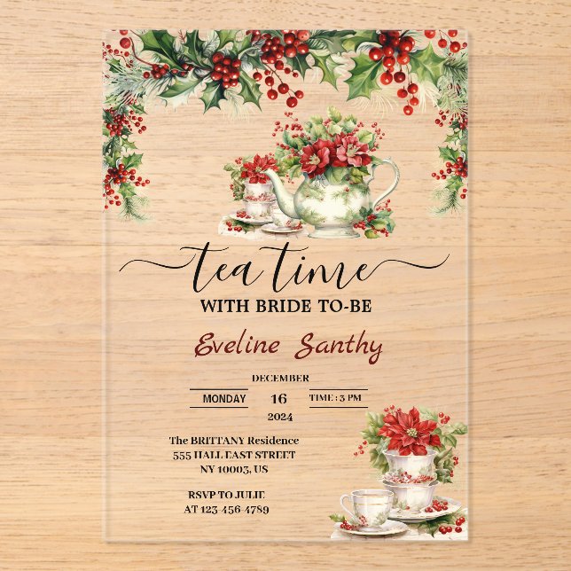 Elegant Christmas Tea Party Floral Bridal Shower Acrylic Invitations (Front)