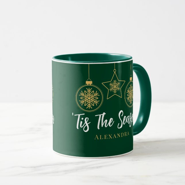 Elegant Christmas Tis The Season Green Gold, White Mug (Front Right)