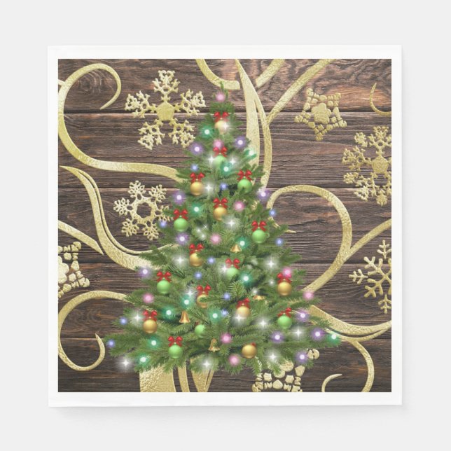 Elegant Christmas Tree Barn Wood Gold Design Napkin (Front)