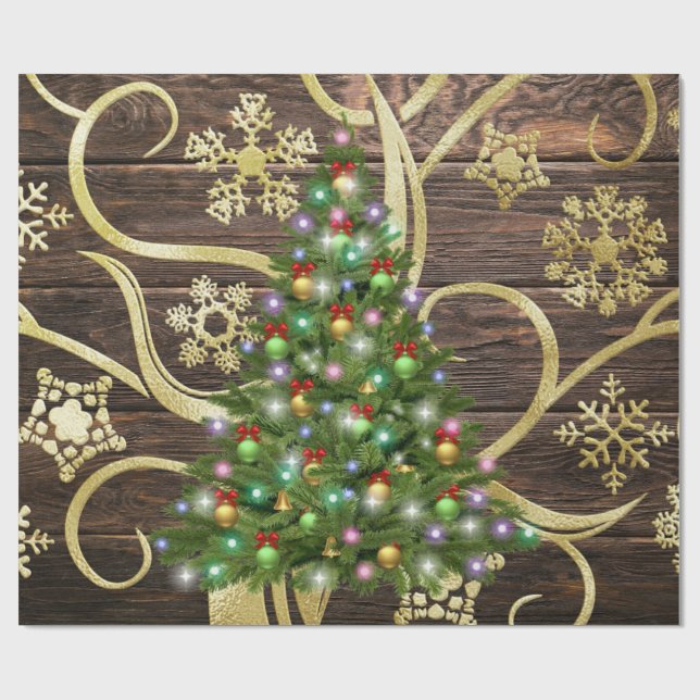 Elegant Christmas Tree Barn Wood Gold Design Wrapping Paper (Flat)