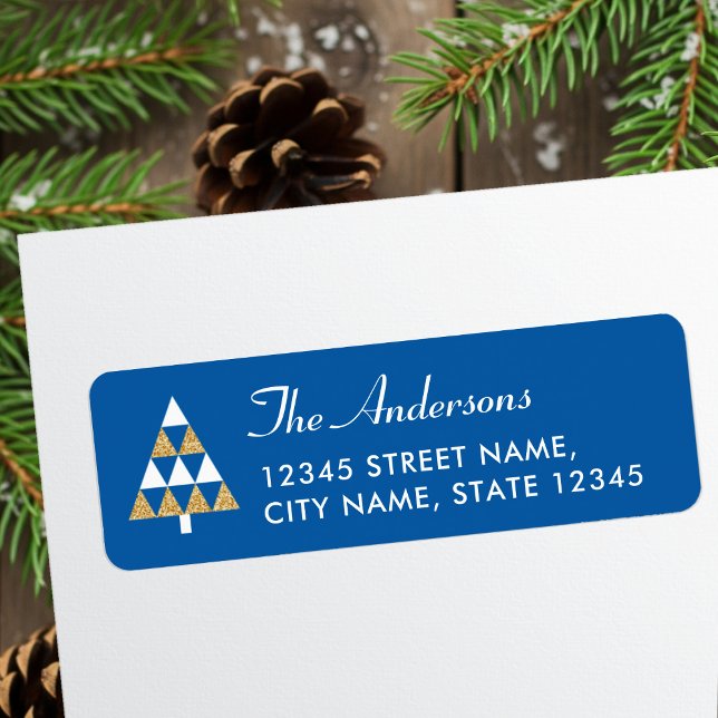 Elegant Christmas Tree Blue Gold Return Label (Creator Uploaded)