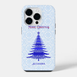 Elegant Christmas Tree Blue Personalised iPhone 14 Pro Case
