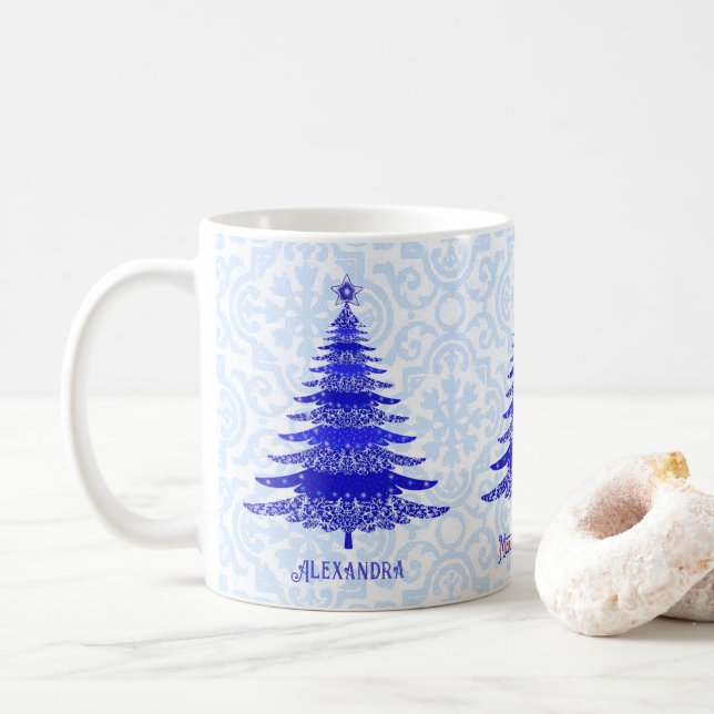 Elegant Christmas Tree Blue Personalised Snowflake Coffee Mug (With Donut)
