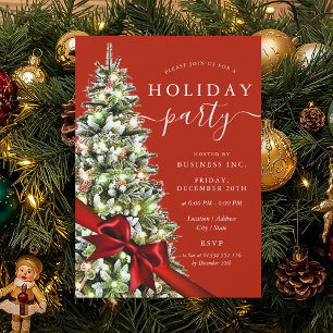 Elegant Christmas Tree Bow Corporate Holiday Red  Invitation