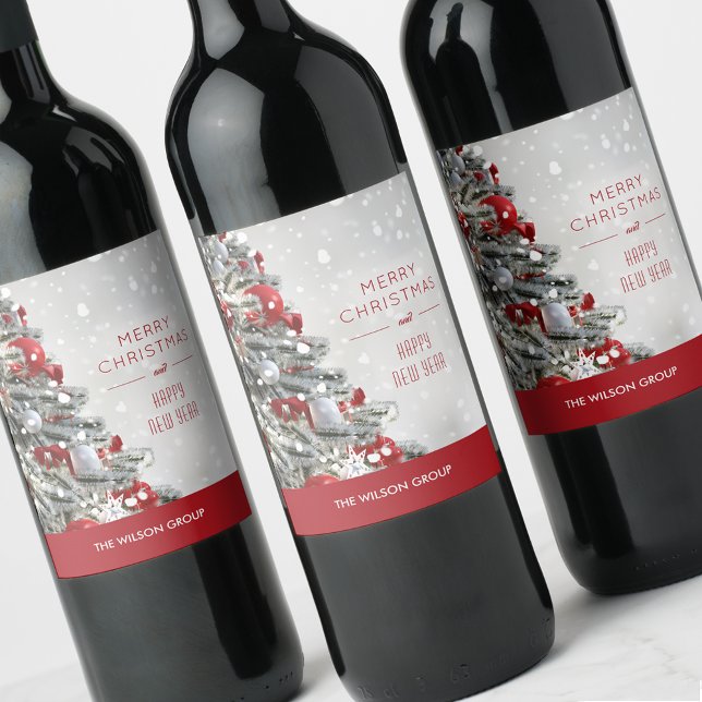 Elegant Christmas Tree Business Gift Wine Label (Elegant red and white Christmas tree on business gift wine bottle labels)