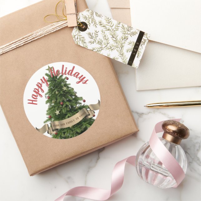 Elegant Christmas Tree Custom Happy Holidays Classic Round Sticker (Gifting)