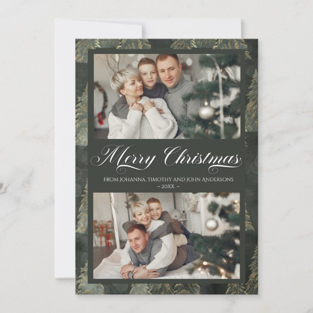 Elegant Christmas Tree Dark Green Family Photo Holiday Card (Front)