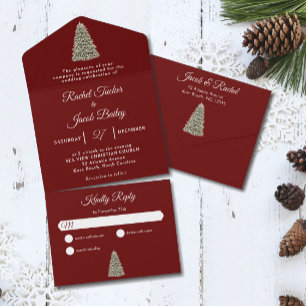 Elegant Christmas Tree Dark Red Christmas Wedding All In One Invitation