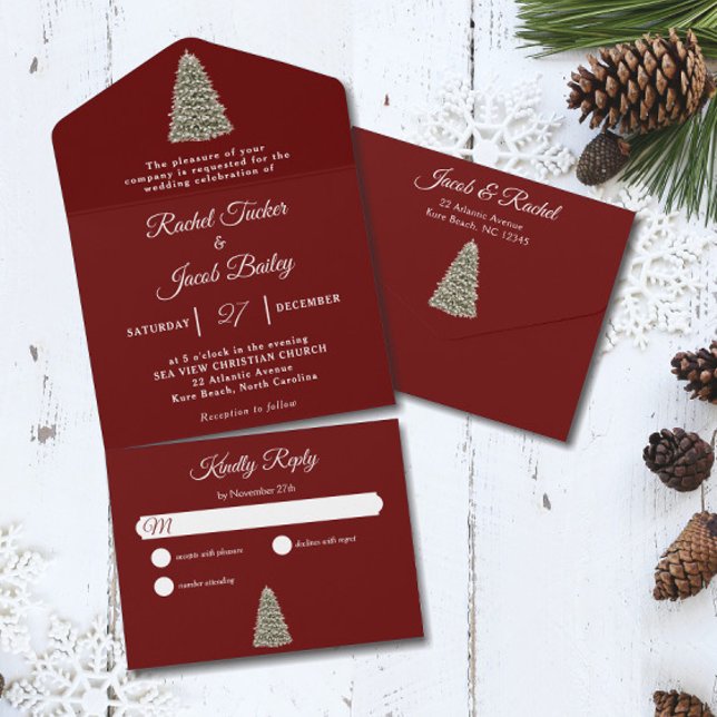 Elegant Christmas Tree Dark Red Christmas Wedding All In One Invitation (Christmas Tree Dark Red All-in-one Seal and Send Wedding Invitation)