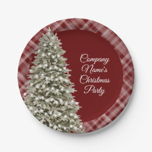 Elegant Christmas Tree Dark Red Plaid Party Paper Plate