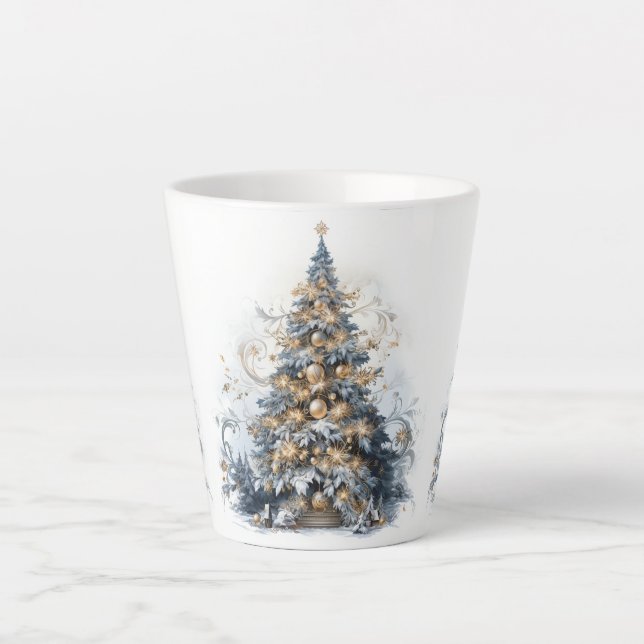  Elegant Christmas Tree Gold Ornaments Snow Latte Mug (Front)