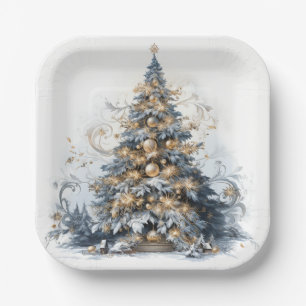 Elegant Christmas Tree Gold Ornaments Snow Paper Plate