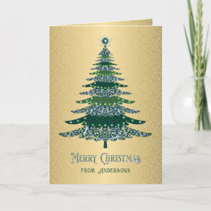 Elegant Christmas Tree Green Gold Name Custom Holiday Card